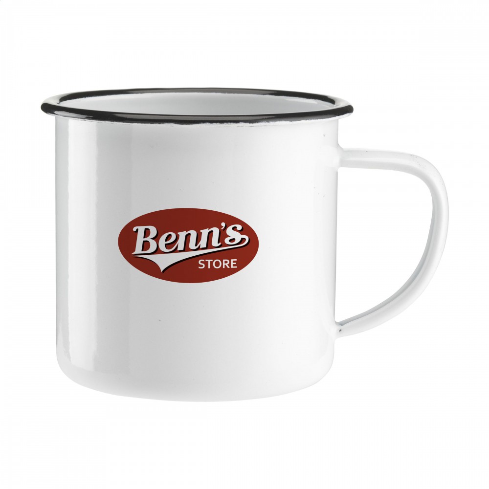 Emaille mok wit met gekleurde rand 35 cl.bedrukken Emaille mok wit met gekleurde rand 35 cl.bedrukken